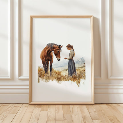 Serene vintage print of girl with horse in warm earth tones and sage greens, showcasing gentle interaction against white background with rustic wooden frame for farmhouse living spaces.