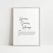 Modern typography wall art featuring 'Human Services Manager' in elegant black script and serif fonts on white background, with an inspirational definition about compassionate leadership and community service.