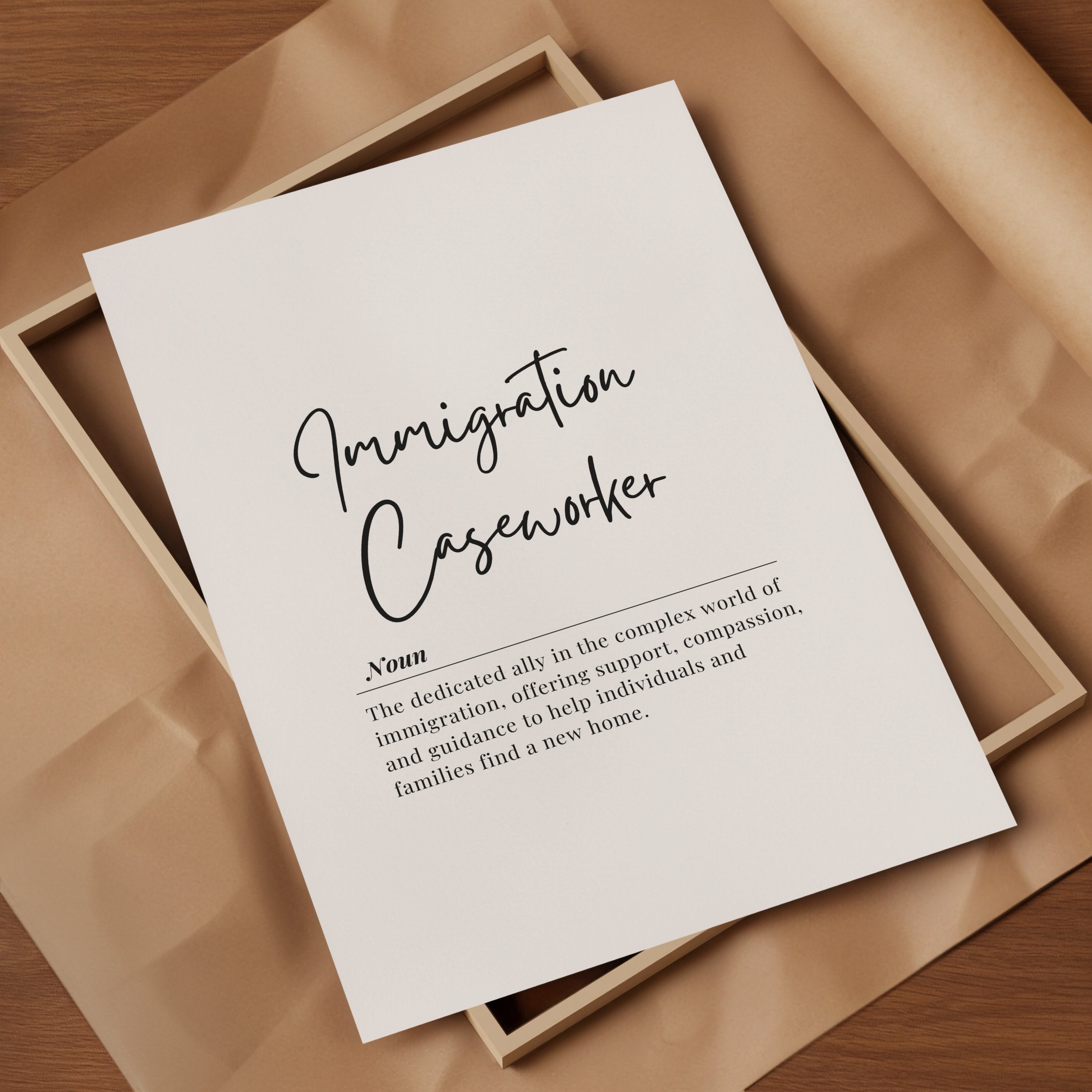 Elegant black typography on white background featuring 'Immigration Caseworker' in script font with serif definition text, conveying support and guidance for immigration professionals