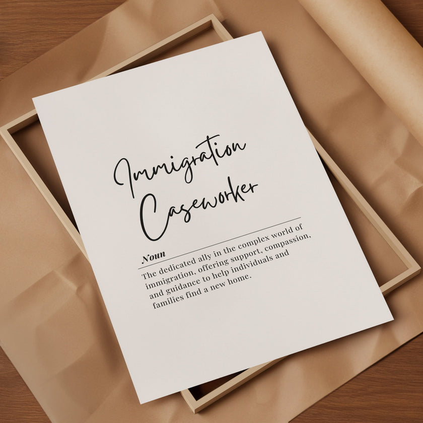 Elegant black typography on white background featuring 'Immigration Caseworker' in script font with serif definition text, conveying support and guidance for immigration professionals