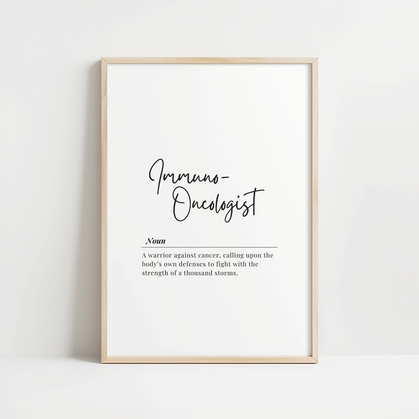 Elegant black script typography displaying 'Immuno-Oncologist' definition against clean white background with contrasting serif font details, creating a sophisticated professional medical art piece.