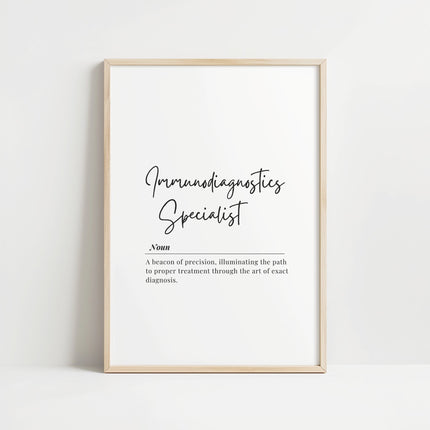 Minimalist black script on crisp white background displaying 'Immunodiagnostics Specialist' with an inspiring quote about precision diagnosis, perfect for professional medical settings.