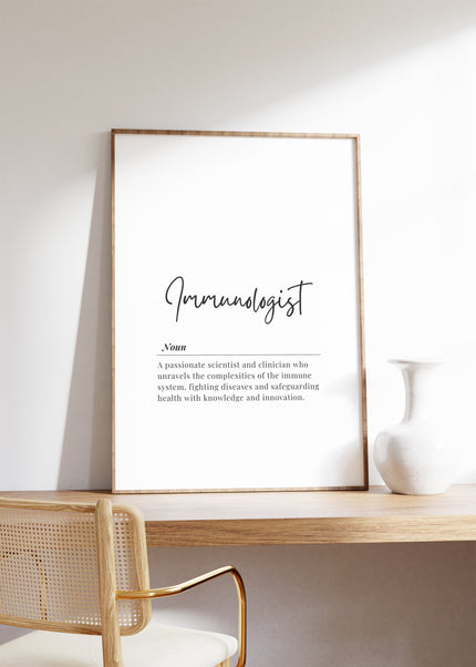 Elegant black script 'Immunologist' text on white background with professional definition in sans-serif font, creating a clean, modern aesthetic ideal for medical offices or healthcare settings.