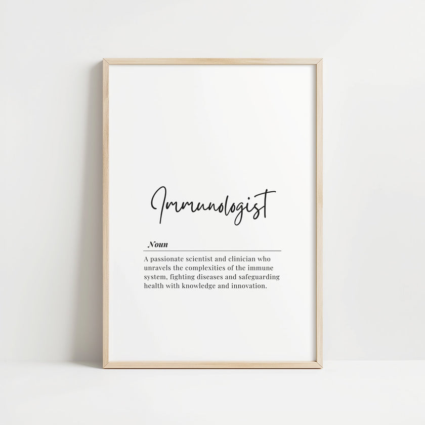 Elegant black script 'Immunologist' text on white background with professional definition in sans-serif font, creating a clean, modern aesthetic ideal for medical offices or healthcare settings.