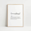 Minimalist typography art displaying 'Immunopathologist' in elegant black script with definition text describing cellular disease investigators, set against crisp white background with natural wood frame