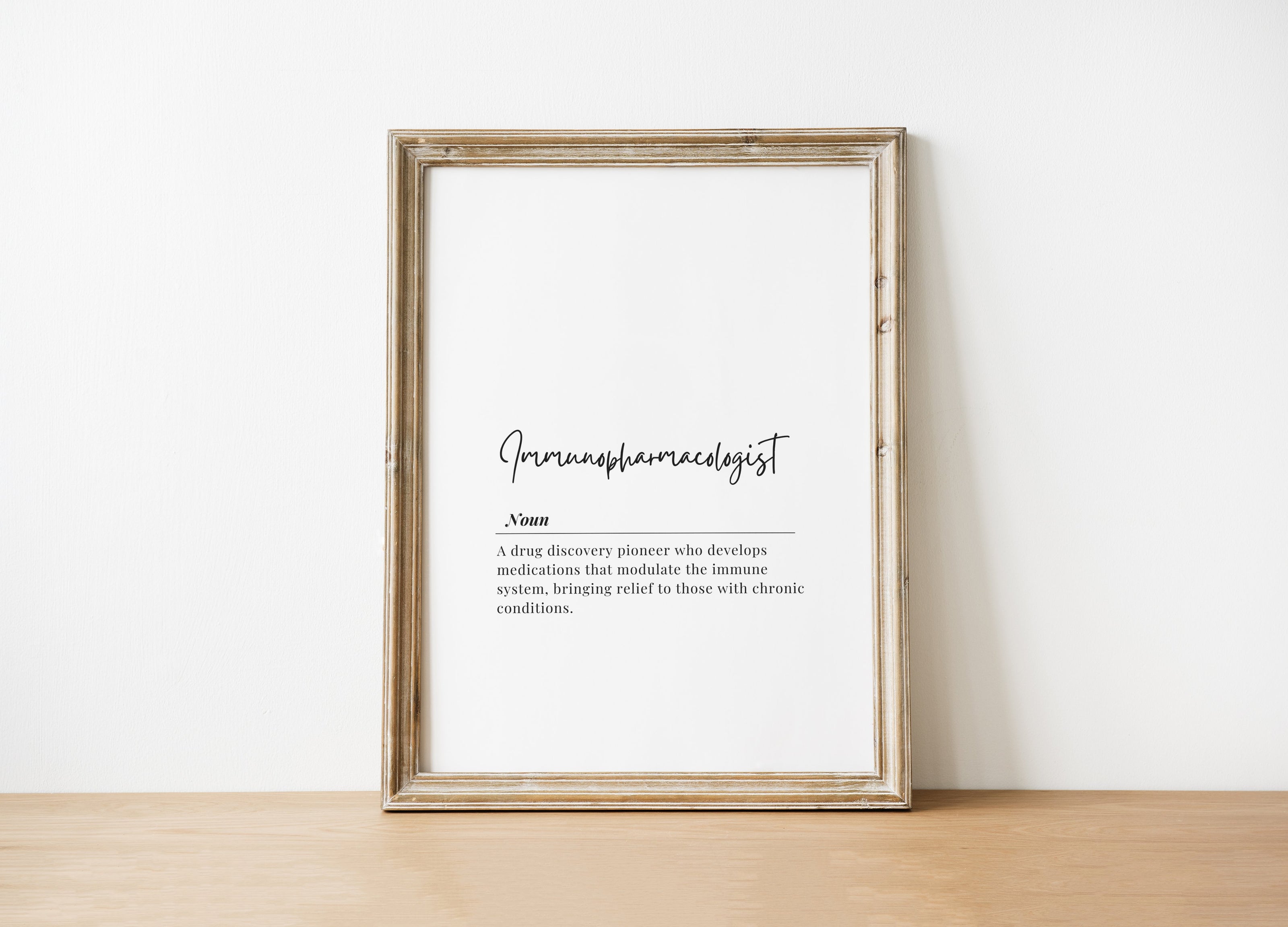 Minimalist black and white typographic print featuring 'Immunopharmacologist' in stylish script with definition in serif font, creating a sophisticated medical office decor piece with clean Scandinavian aesthetics.