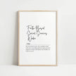 Elegant typography print featuring 'Faith-Based Social Services Worker' definition in monochrome with mixed script and serif fonts on clean white background, conveying warmth and professional dedication.