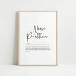 Minimalist black and white typography art featuring 'Nurse Practitioner' in elegant script with definition text in sans-serif font, creating an inspirational and professional healthcare office decor piece.