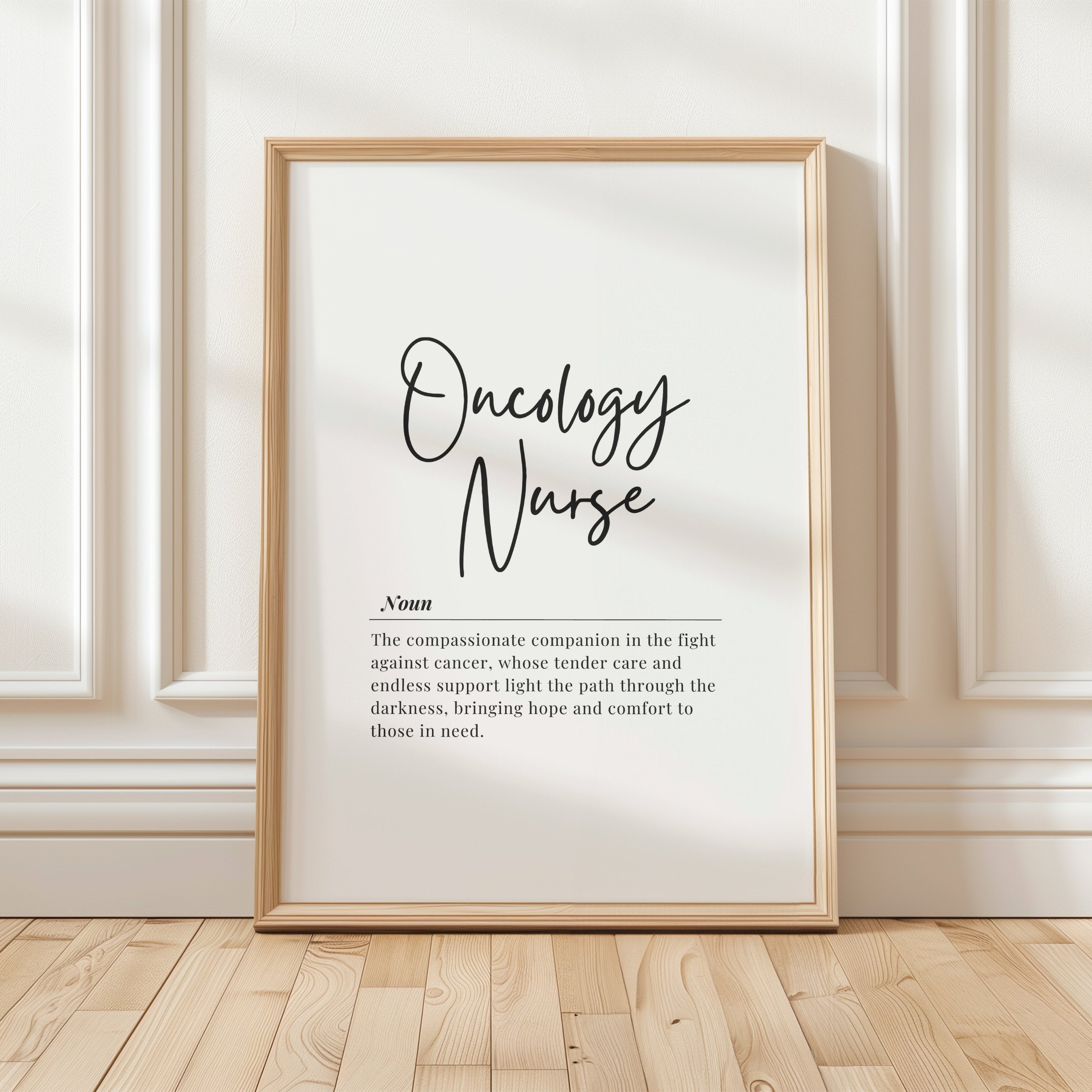 Minimalist black and white typography art featuring an Oncology Nurse definition in elegant script and serif fonts, conveying compassion and hope on a clean white background.