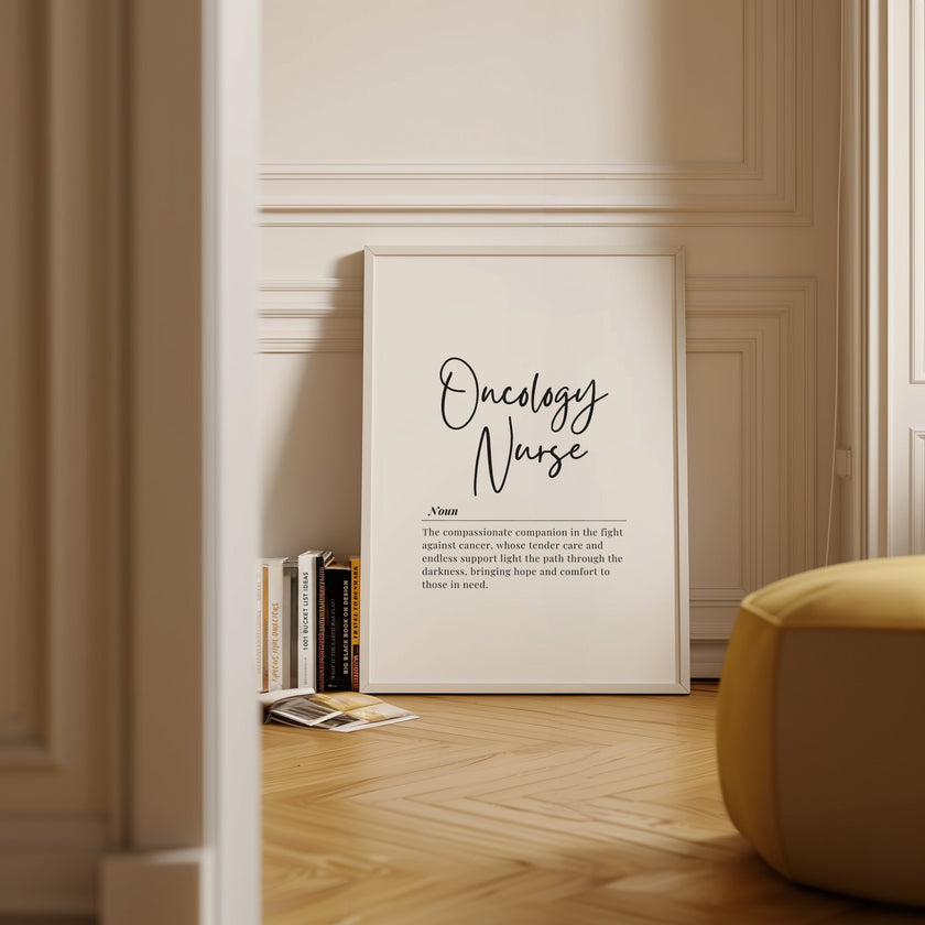 Minimalist black and white typography art featuring an Oncology Nurse definition in elegant script and serif fonts, conveying compassion and hope on a clean white background.