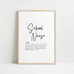 Minimalist black script 'School Nurse' typography with inspirational definition on white background, framed in light wood, creating a sophisticated and calming professional healthcare decor piece.