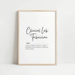 Minimalist black and white definition print featuring 'Clinical Lab Technician' in decorative script with a sophisticated serif font description in a clean wooden frame, perfect for professional medical settings.