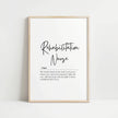 Black and white typography print featuring 'Rehabilitation Nurse' definition in elegant script and serif fonts, creating a professional yet inspiring atmosphere ideal for healthcare environments.