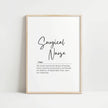 Minimalist black and white typography featuring 'Surgical Nurse' in bold script with an inspirational definition below, surrounded by clean white space in a modern wooden frame.