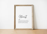 Minimalist typography print featuring 'Internist' in bold sans-serif font with an elegant definition beneath on white background with wood frame, creating a sophisticated professional aesthetic.
