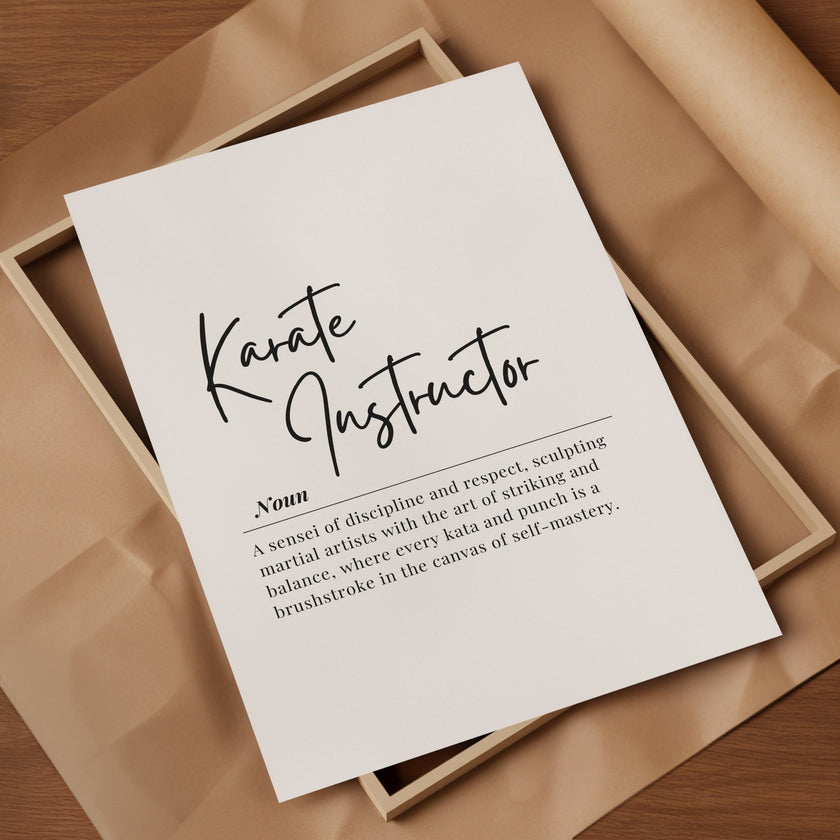 Modern black and white typography print featuring 'Karate Instructor' in elegant script with a professional definition about discipline and respect, perfect for dojos and training facilities.