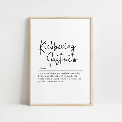 Bold black script typography of 'Kickboxing Instructor' with elegant serif definition text on clean white background, creating dynamic contrast for motivational fitness spaces
