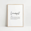 Elegant minimalist typography print featuring the term 'Limnologist' in modern script font with definition text below, presented in stark black on white with clean wooden frame.