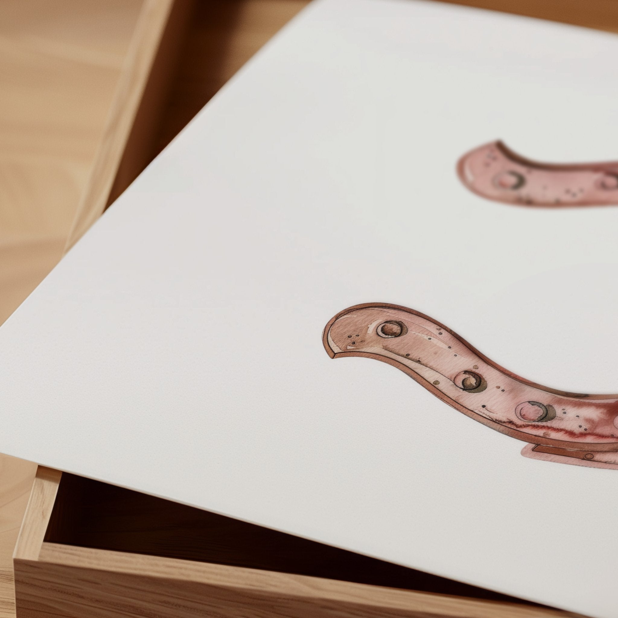 Minimalist copper horseshoe against white background in rustic frame, conveying warmth and protection through simple, elegant design perfect for farmhouse or Scandinavian decor.