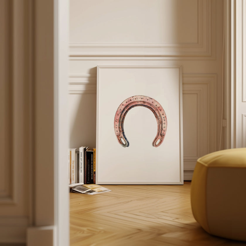 Minimalist vintage horseshoe print in warm copper tones against crisp white background, featuring rustic texturing and simple composition perfect for farmhouse and Scandinavian decor