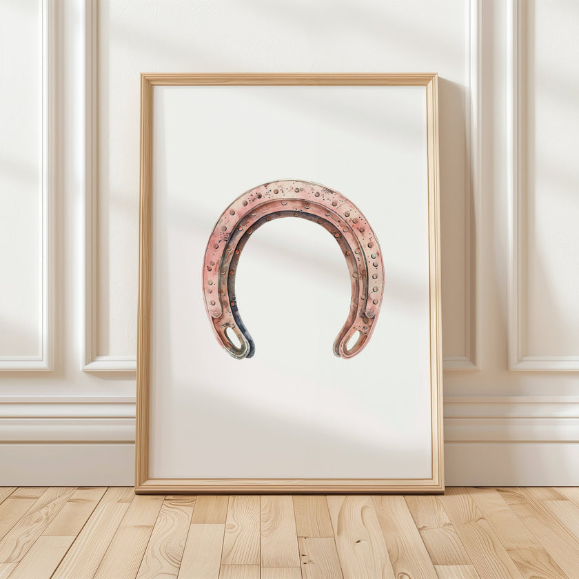 Minimalist vintage horseshoe print in warm copper tones against crisp white background, featuring rustic texturing and simple composition perfect for farmhouse and Scandinavian decor