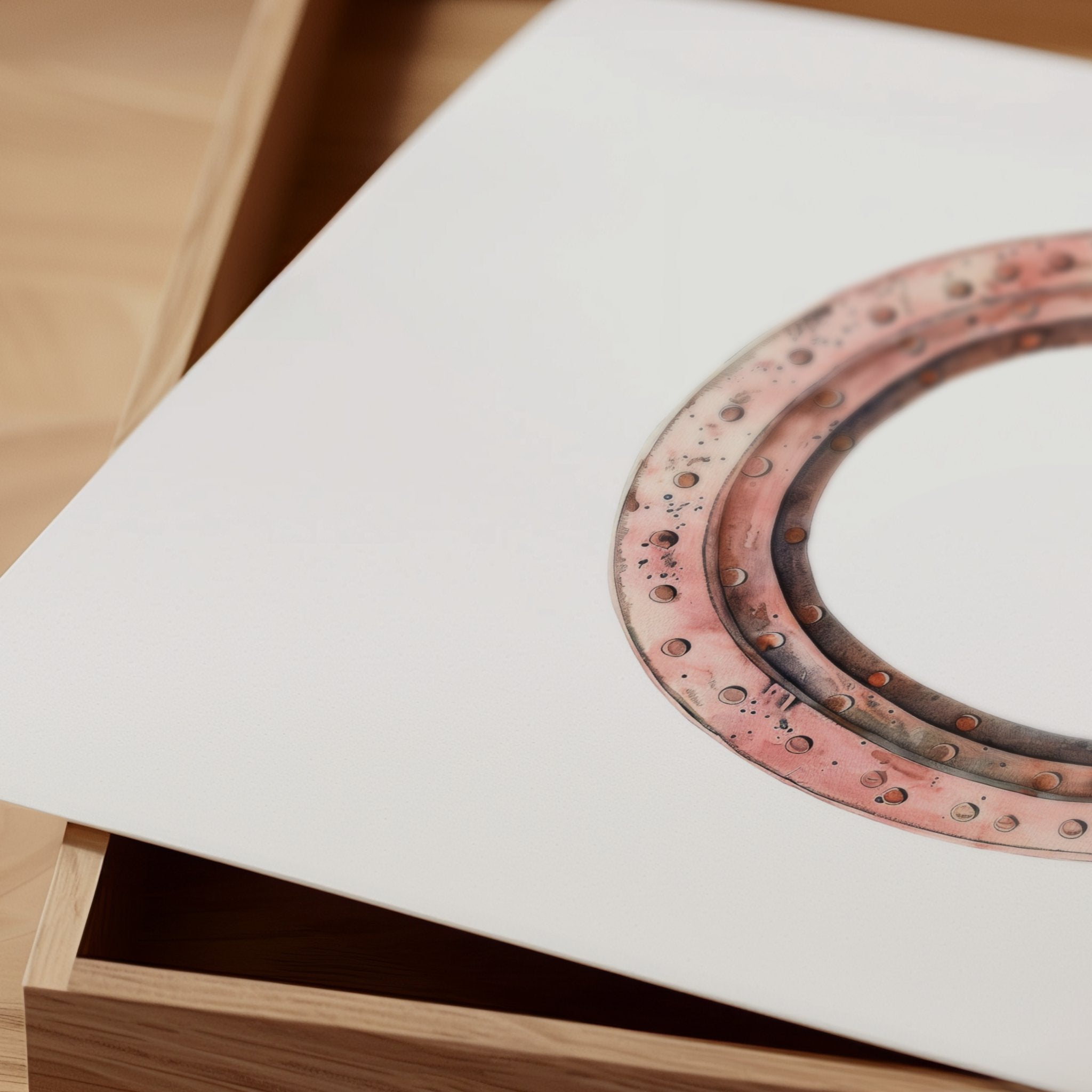 Minimalist vintage horseshoe print in warm copper tones against crisp white background, featuring rustic texturing and simple composition perfect for farmhouse and Scandinavian decor
