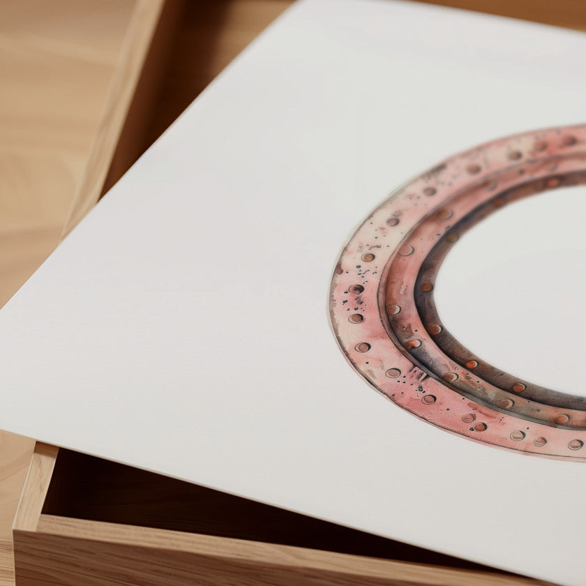 Minimalist vintage horseshoe print in warm copper tones against crisp white background, featuring rustic texturing and simple composition perfect for farmhouse and Scandinavian decor