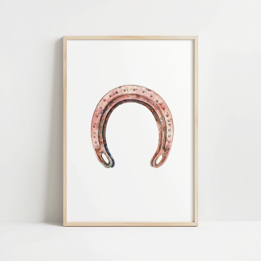Minimalist vintage horseshoe print in warm copper tones against crisp white background, featuring rustic texturing and simple composition perfect for farmhouse and Scandinavian decor