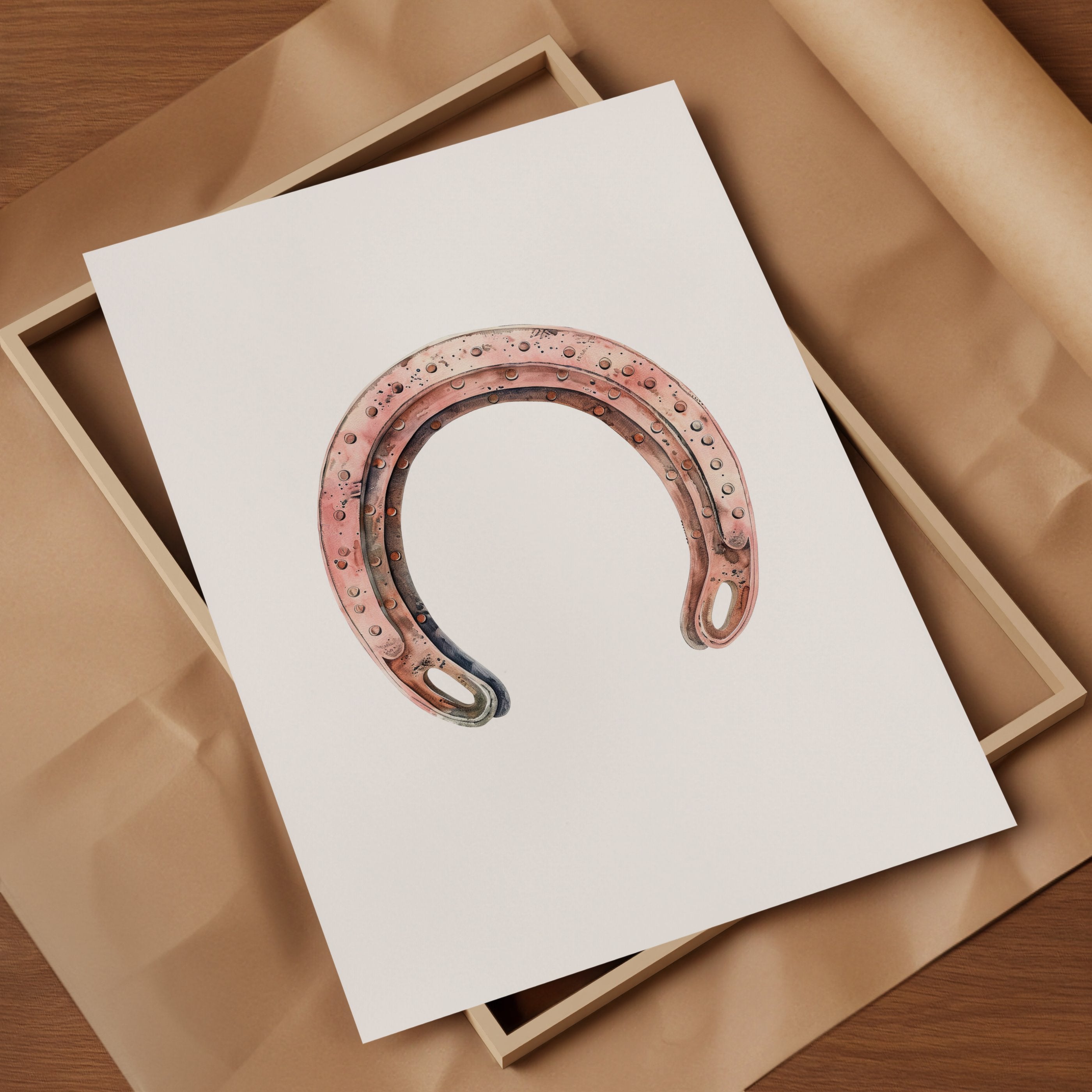 Minimalist vintage horseshoe print in warm copper tones against crisp white background, featuring rustic texturing and simple composition perfect for farmhouse and Scandinavian decor