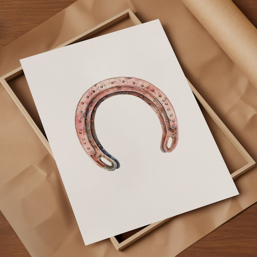 Minimalist vintage horseshoe print in warm copper tones against crisp white background, featuring rustic texturing and simple composition perfect for farmhouse and Scandinavian decor
