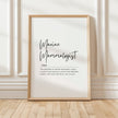 Minimalist typography print featuring 'Marine Mammalogist' in elegant black script with serif definition text against white background, framed in oak, celebrating ocean conservation professionals.