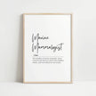 Minimalist typography print featuring 'Marine Mammalogist' in elegant black script with serif definition text against white background, framed in oak, celebrating ocean conservation professionals.