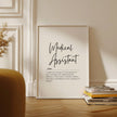 Minimalist black and white typography print featuring 'Medical Assistant' in elegant script font with inspirational definition, creating a professional and calming healthcare office art piece.