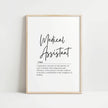 Minimalist black and white typography print featuring 'Medical Assistant' in elegant script font with inspirational definition, creating a professional and calming healthcare office art piece.