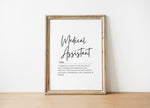 Minimalist black and white typography print featuring 'Medical Assistant' in elegant script font with inspirational definition, creating a professional and calming healthcare office art piece.