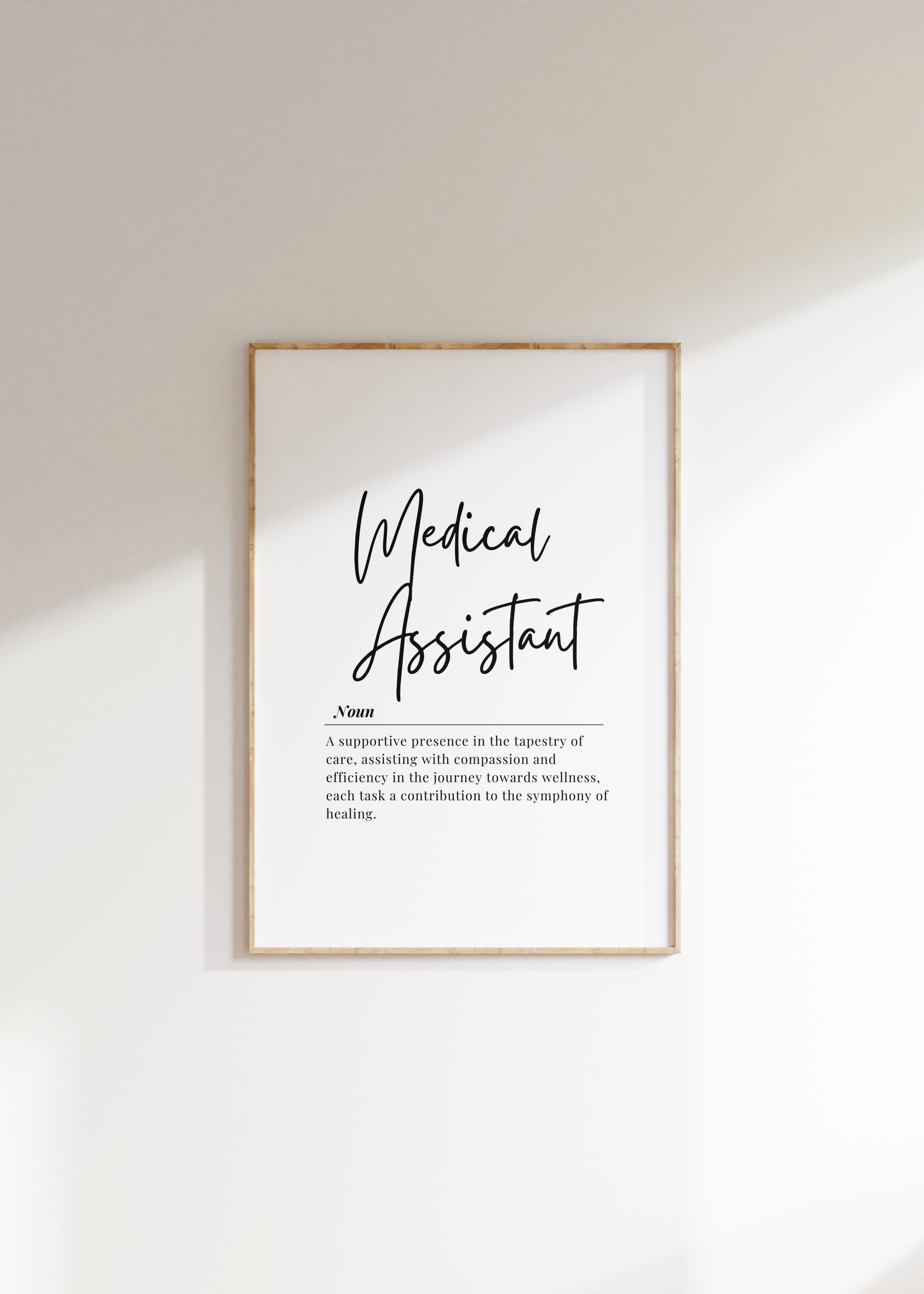 Minimalist black and white typography print featuring 'Medical Assistant' in elegant script font with inspirational definition, creating a professional and calming healthcare office art piece.