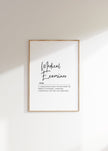 Elegant Medical Examiner definition typography print with black script font on white background, featuring inspirational text about compassion and truth in a clean, minimalist design ideal for professional settings.