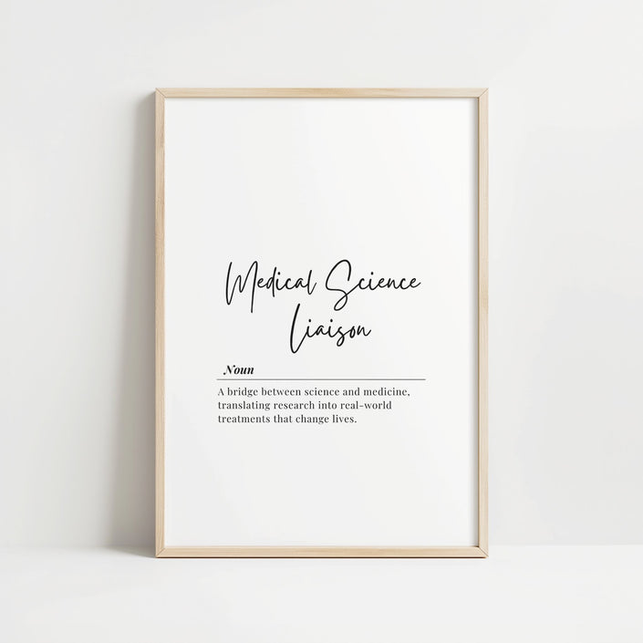 Modern typography print featuring 'Medical Science Liaison' definition in black text on white background, explaining their role bridging science and medicine with a minimalist Scandinavian aesthetic.