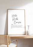 Elegant black script typography displaying 'Mental Health Counselor' with inspirational definition in sans-serif font against clean white background, framed in modern wood for professional therapy spaces.