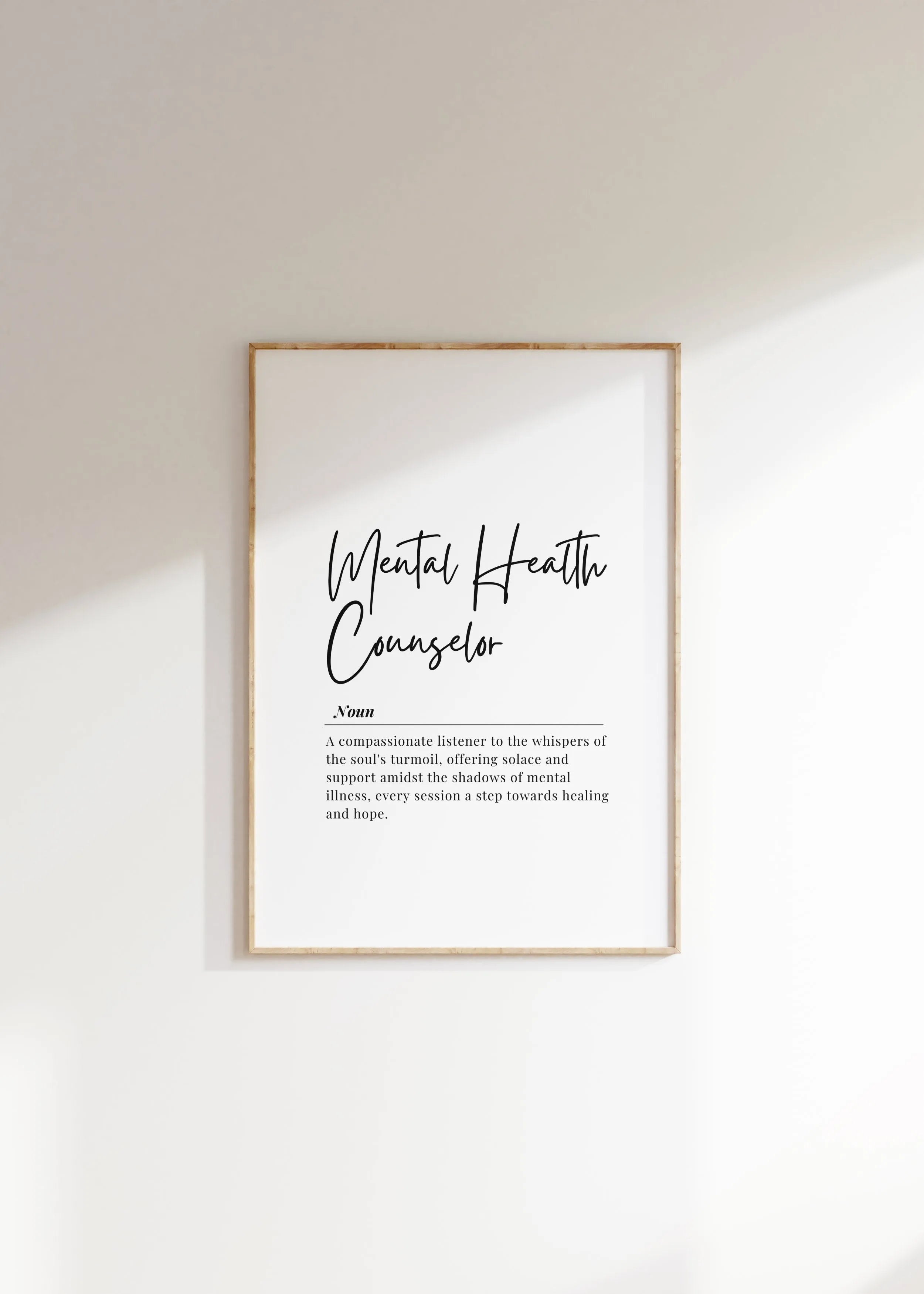 Modern minimalist typography print featuring 'Mental Health Counselor' definition in elegant black script and serif fonts on white background, creating a professional and calming atmosphere ideal for therapy spaces.