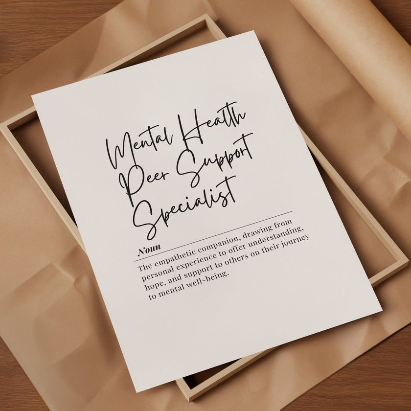 Black and white minimalist typography art featuring the definition of Mental Health Peer Support Specialist in contrasting script and serif fonts on clean white background, conveying empathy and professional support.