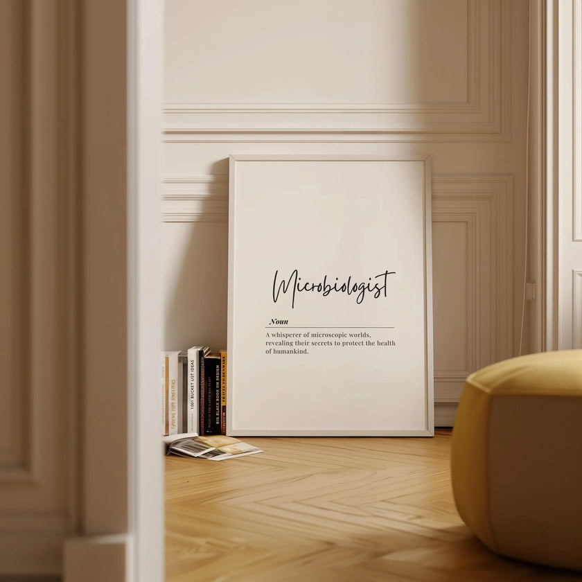 Elegant black and white typography print featuring the definition of 'Microbiologist' in clean sans-serif and handwritten script fonts against a minimalist white background, creating a professional yet inspiring aesthetic.