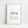 Elegant typography design featuring 'Midwife' in black script font against white background with definition text celebrating their tender care and guidance, framed with clean minimalist lines.