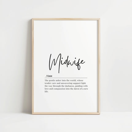 Elegant typography design featuring 'Midwife' in black script font against white background with definition text celebrating their tender care and guidance, framed with clean minimalist lines.