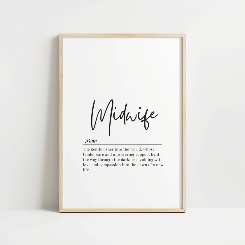 Elegant typography design featuring 'Midwife' in black script font against white background with definition text celebrating their tender care and guidance, framed with clean minimalist lines.