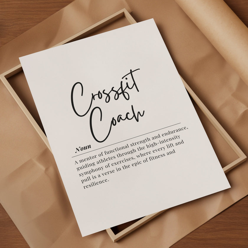 Minimalist typography print featuring 'CrossFit Coach' in bold black script against white background with inspirational definition text combining handwritten and serif fonts for professional gym spaces.