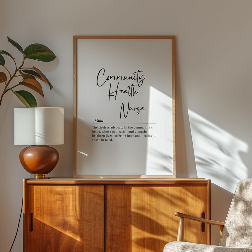 Black script typography spelling 'Community Health Nurse' with serif definition text on clean white background, featuring inspirational quote about advocacy, empathy and healing in minimalist design