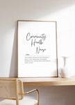 Black script typography spelling 'Community Health Nurse' with serif definition text on clean white background, featuring inspirational quote about advocacy, empathy and healing in minimalist design