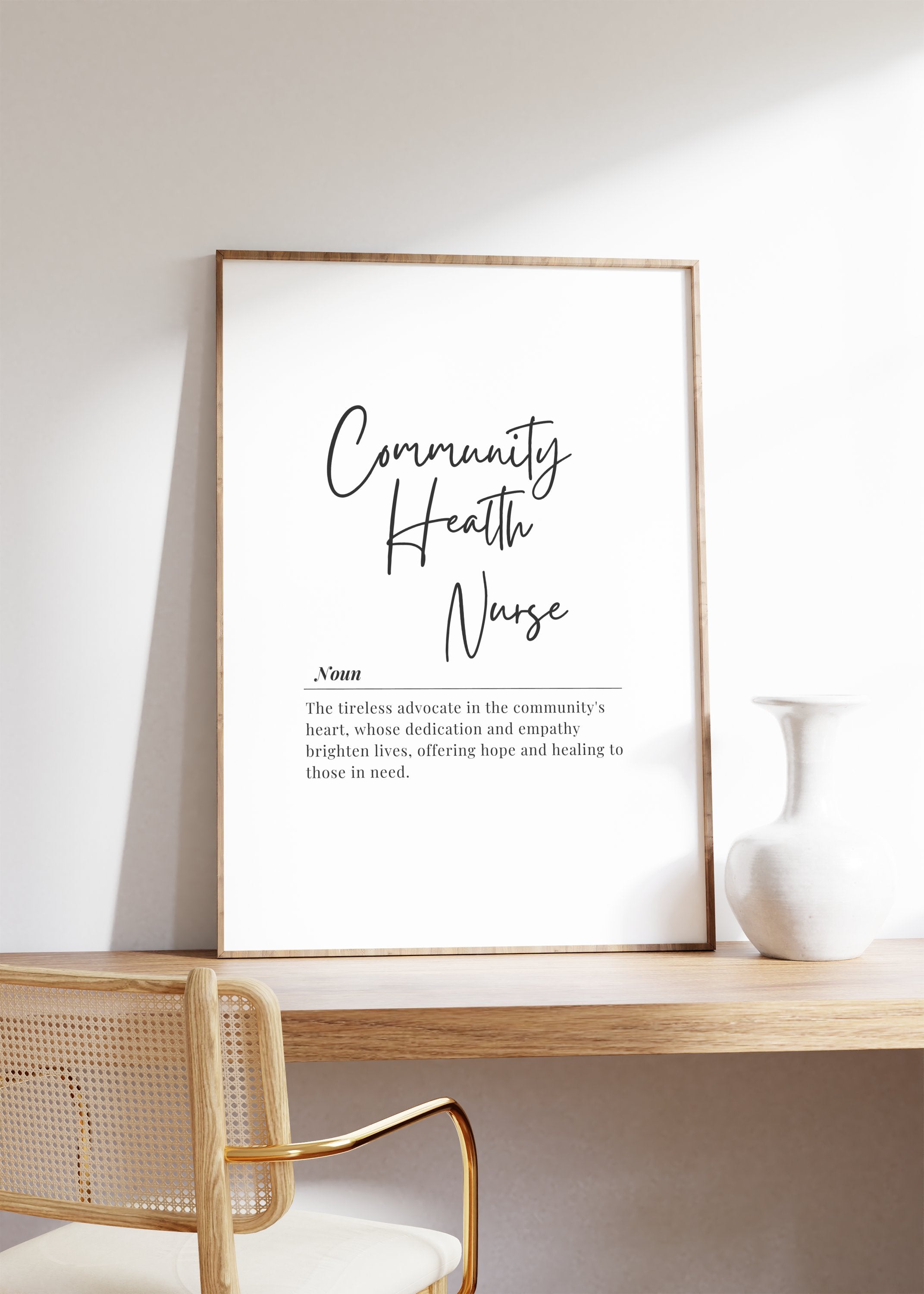 Black script typography spelling 'Community Health Nurse' with serif definition text on clean white background, featuring inspirational quote about advocacy, empathy and healing in minimalist design