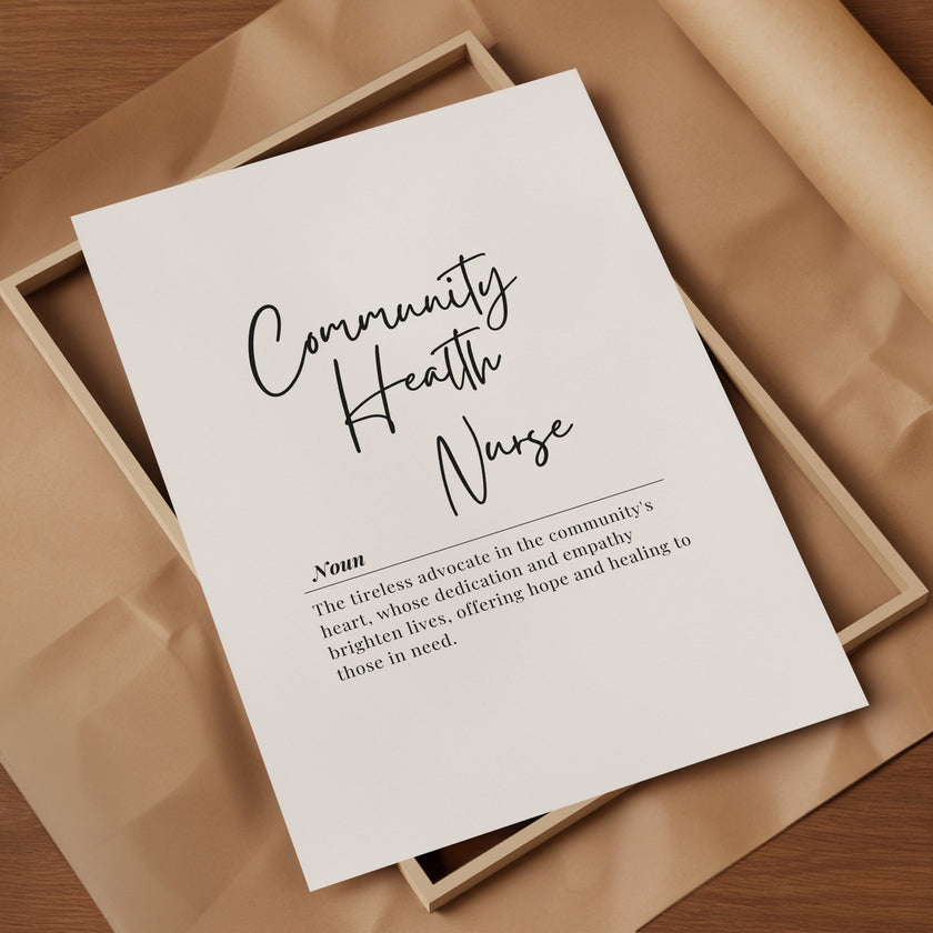 Black script typography spelling 'Community Health Nurse' with serif definition text on clean white background, featuring inspirational quote about advocacy, empathy and healing in minimalist design